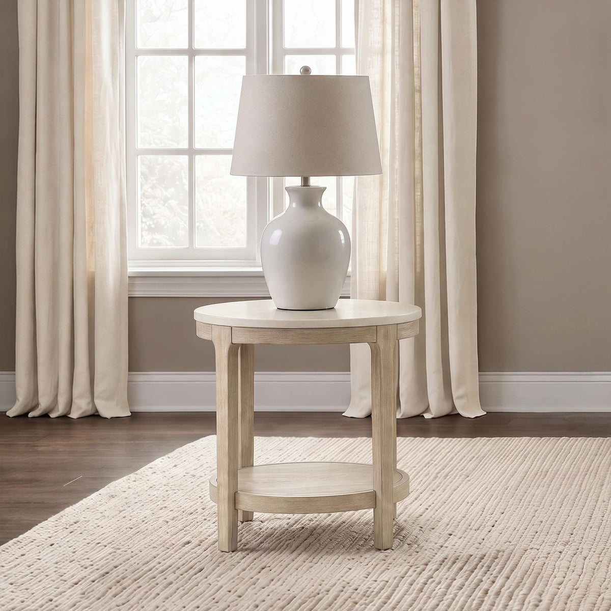Lucaire Round Cultured Marble Top End Table Honed Cream and Sandstone — product image 2