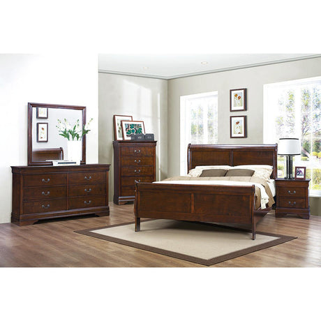 Mayville brown cherry traditional queen sleigh bed angled detail