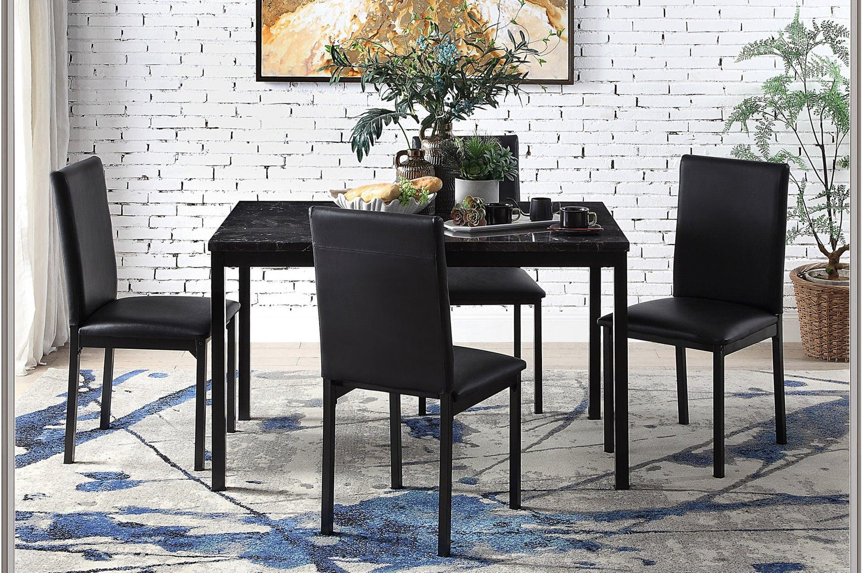 main view of Tempe black faux leather faux marble rectangular dining room set dining room furniture