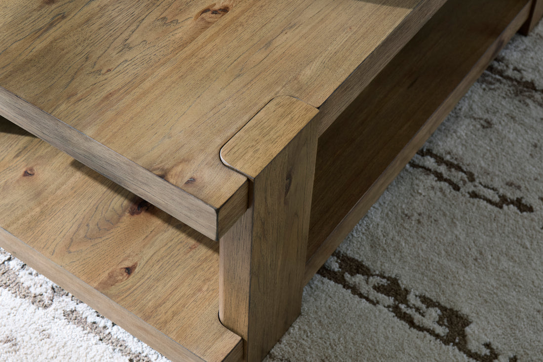 Natural Oak Finish Coffee Table with Open Storage Shelf — detail view