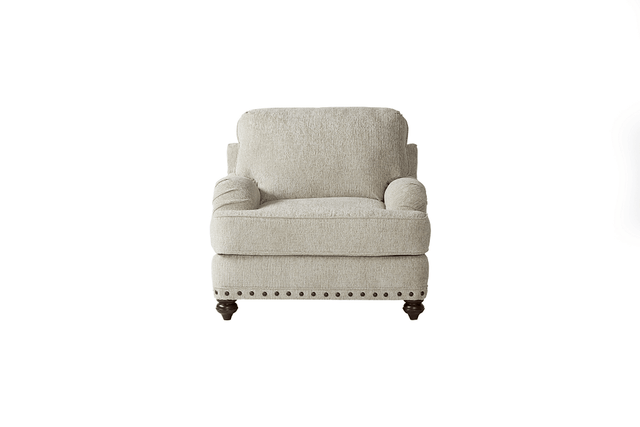 Cycle Hay Beige Upholstered Accent Chair angled view showing fabric and wooden legs