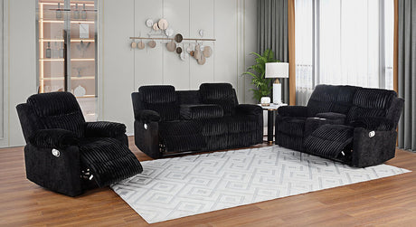 Lexy Black Two-Tone Microfiber Reclining Sofa set front angle showing manual recliners and cup holders