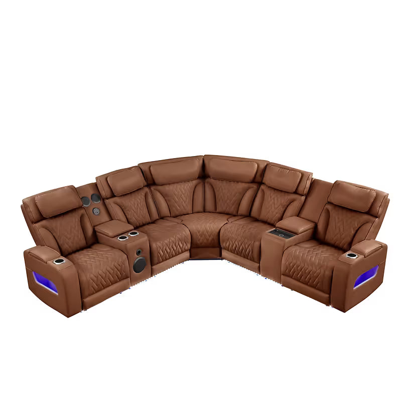Power recliner control panel on brown caramel sectional