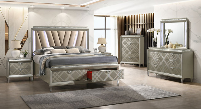 Freya Champagne Upholstered LED Storage Platform Bedroom Set bed front angle