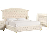 Side angle of Olivia beige king panel bed with wingback headboard