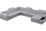 Side profile of light gray leather sectional sofa