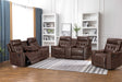Rita brown reclining sofa with wireless charger and stainless steel cupholders, front view