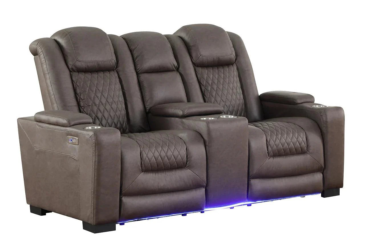 Storage console with USB and power outlets in reclining set