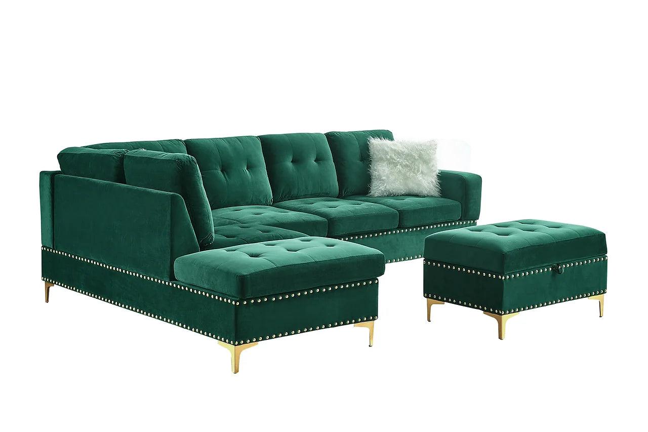 close-up detail of tufted velvet upholstery and nailhead trim on Joy sectional