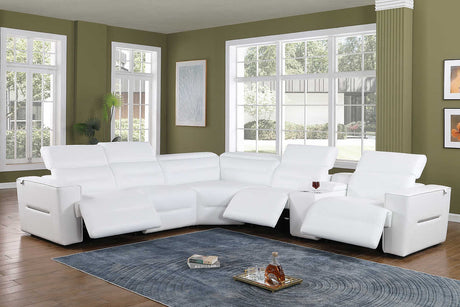 Nexus white leather power reclining sectional sofa front view