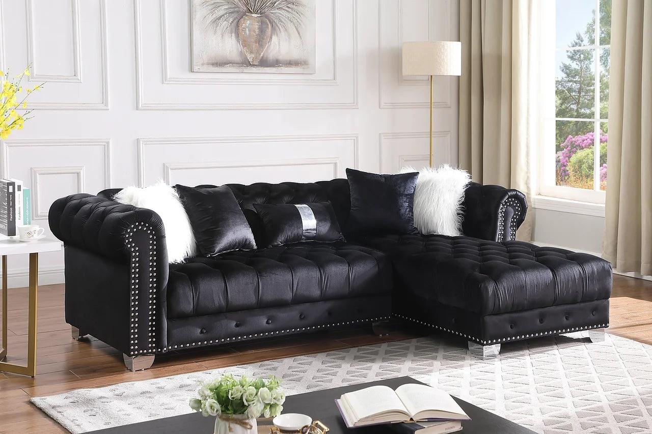 Yaz Black Velvet Tufted Sectional sofa main front view