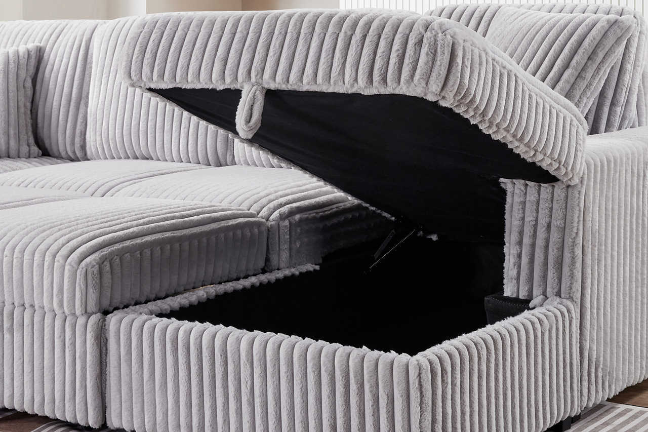 Room setting with Raha Grey Fabric Storage Sectional