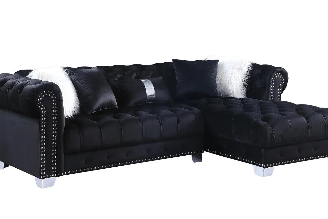 Side view of Yaz Black Velvet Tufted Sectional sofa