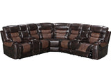 Phoenix II brown upholstered reclining sectional sofa, front view