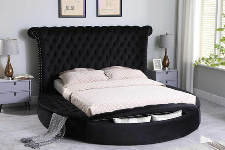 Lux Black Velvet Tufted Queen Bed angled side view