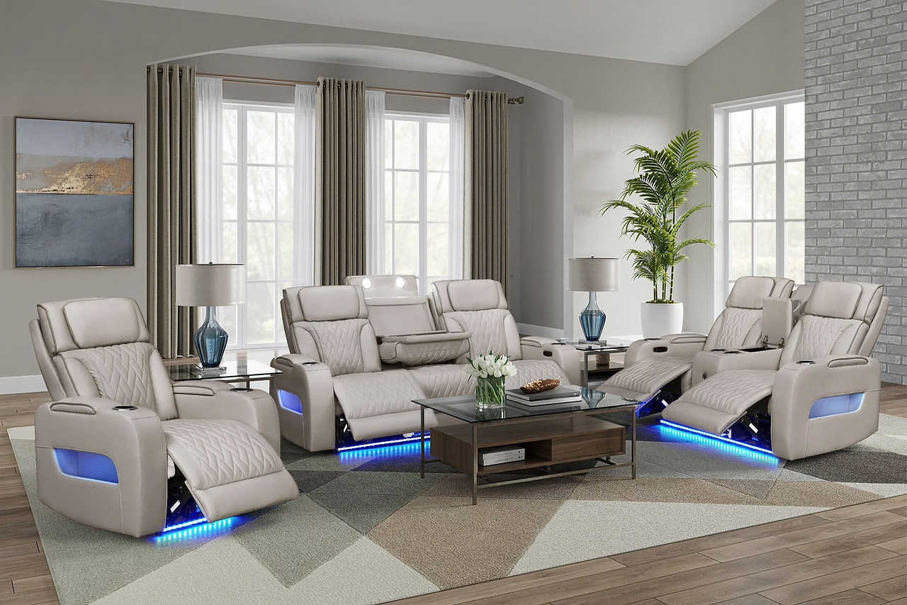Side profile of Skyline Beige Power Recliner with LED base lighting