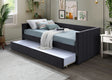 Black upholstered twin over twin daybed with trundle side view