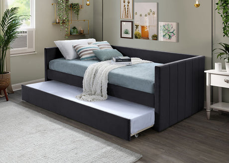 Black upholstered twin over twin daybed with trundle side view