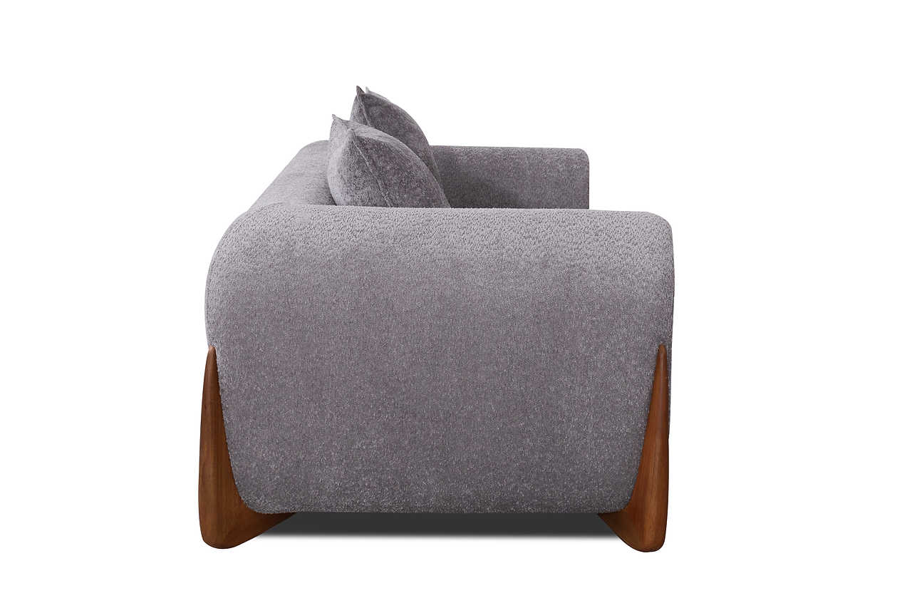 Side view showing armrest style of Pewter sofa