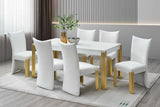 Main view of Glamor White and Gold Velvet Dining Room Set with table and six chairs