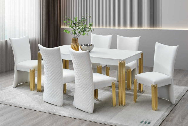 Main view of Glamor White and Gold Velvet Dining Room Set with table and six chairs