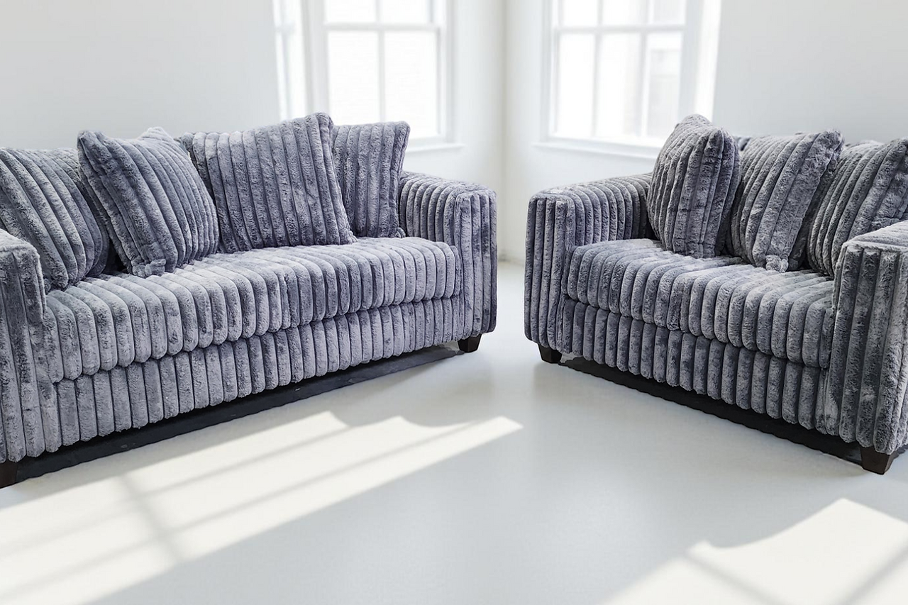 Front view of Gia Gray 2-Piece Living Room Set sofa and loveseat in grey striped fabric