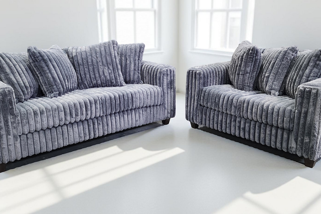 Front view of Gia Gray 2-Piece Living Room Set sofa and loveseat in grey striped fabric
