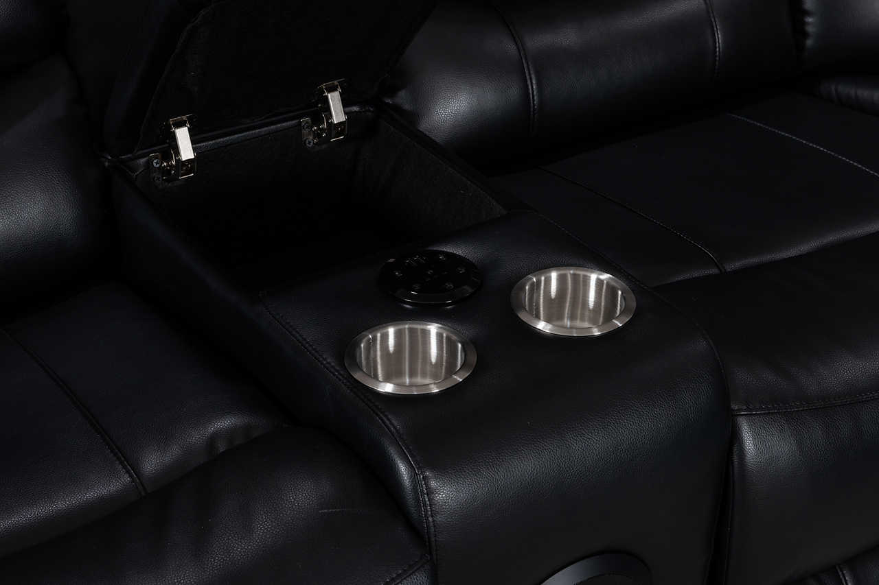Turbo sectional highlighting Bluetooth speaker and black upholstery