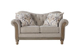 Close-up of tufted fabric and wooden frame on chair