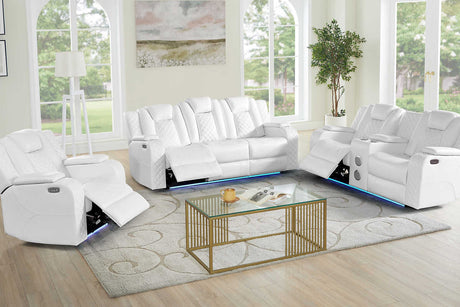Eclipse white air leather power reclining sofa front view