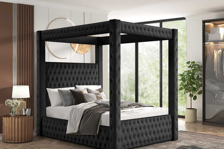 Mansion black upholstered tufted canopy platform king bed, front angle