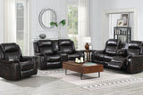 Lavon Brown brown faux leather upholstered reclining sofa with drop-down table and power outlet