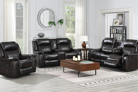 Lavon Brown brown faux leather upholstered reclining sofa with drop-down table and power outlet