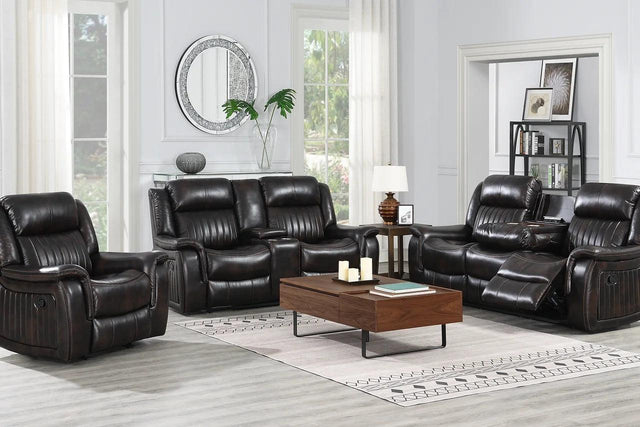 Lavon Brown brown faux leather upholstered reclining sofa with drop-down table and power outlet