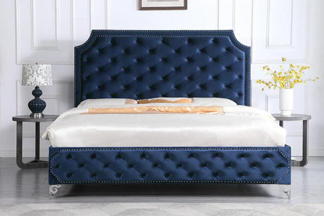 Leilah Blue Velvet Tufted Upholstered Platform Queen Bed side view