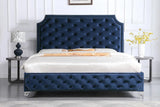 Leilah Blue Velvet Tufted Upholstered Platform King Bed angled view showing headboard