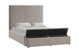 Close-up of gray velvet upholstery on Mio King Panel Bed