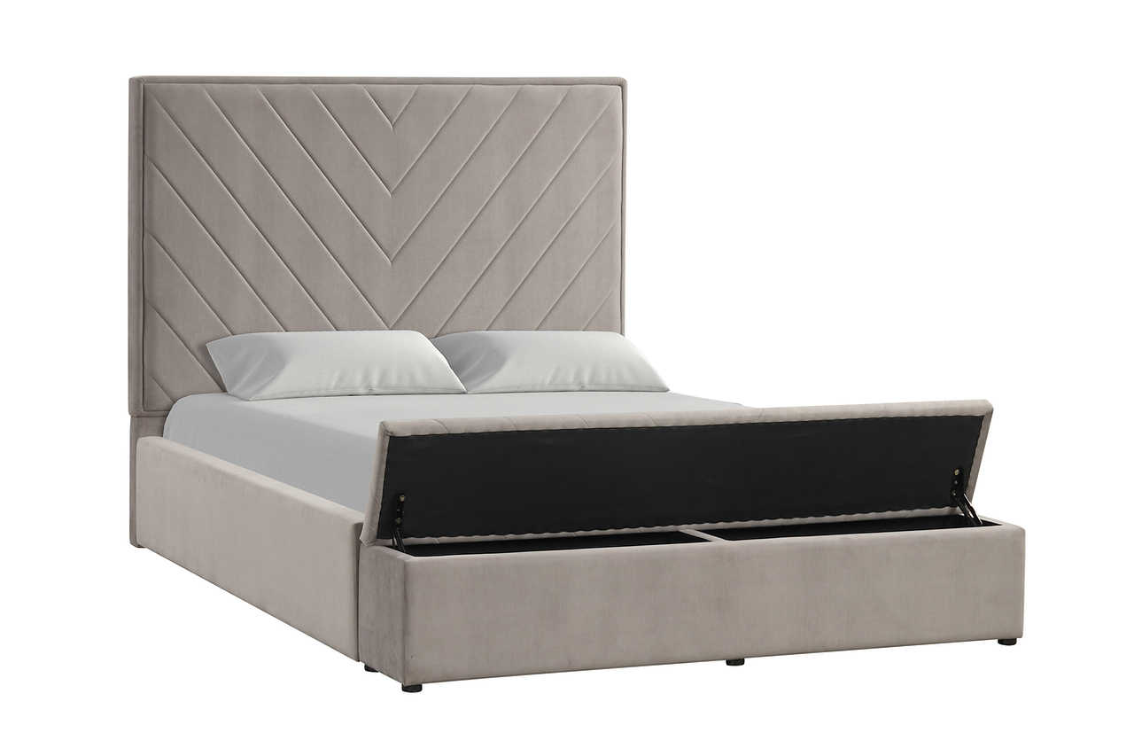 Close-up of gray velvet upholstery on Mio King Panel Bed