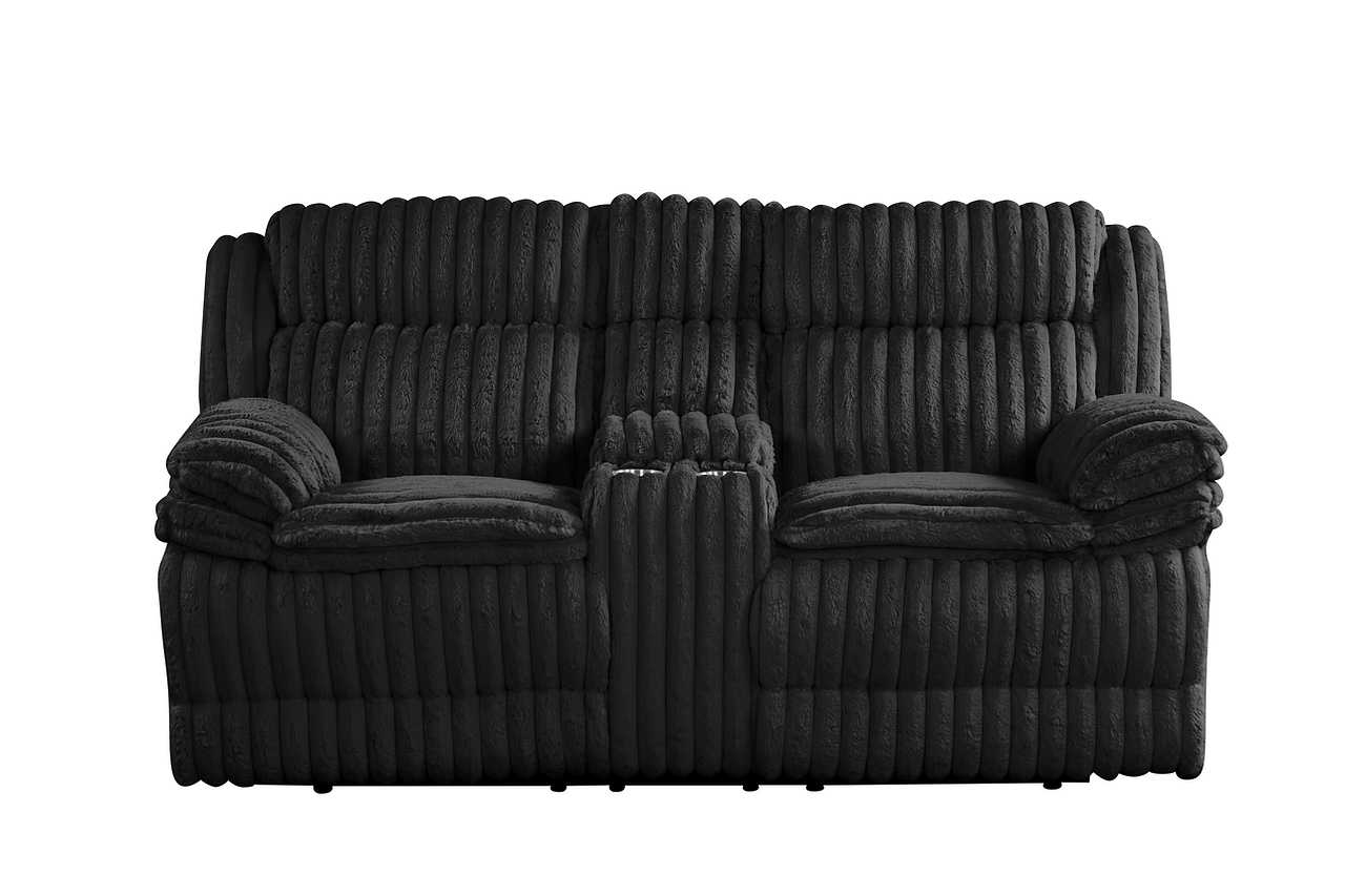Loveseat console with cupholders in black fabric