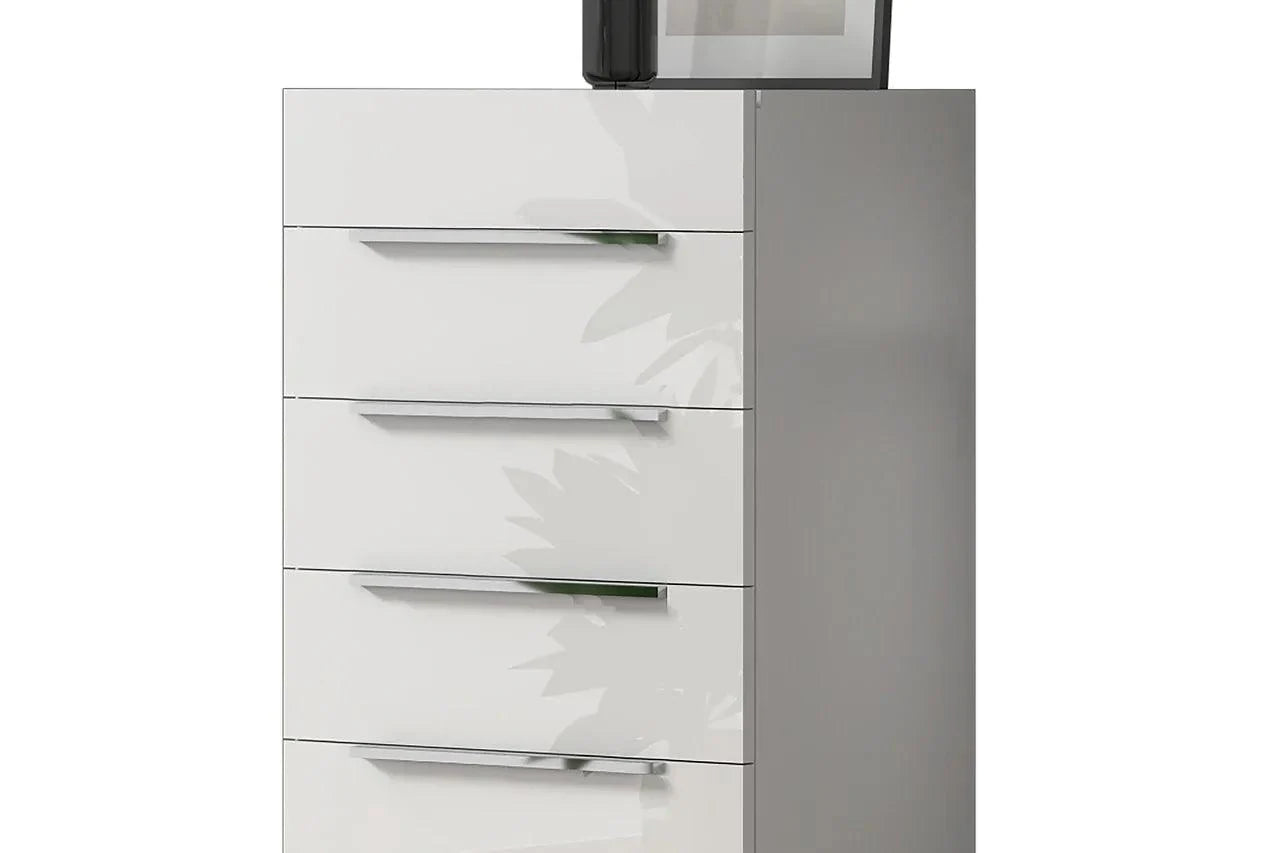 Stylish white nightstand with marble top and storage drawers