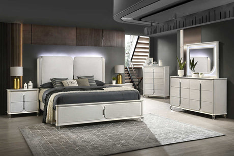 Amara pearl white nightstand angled view showing drawer and acrylic legs