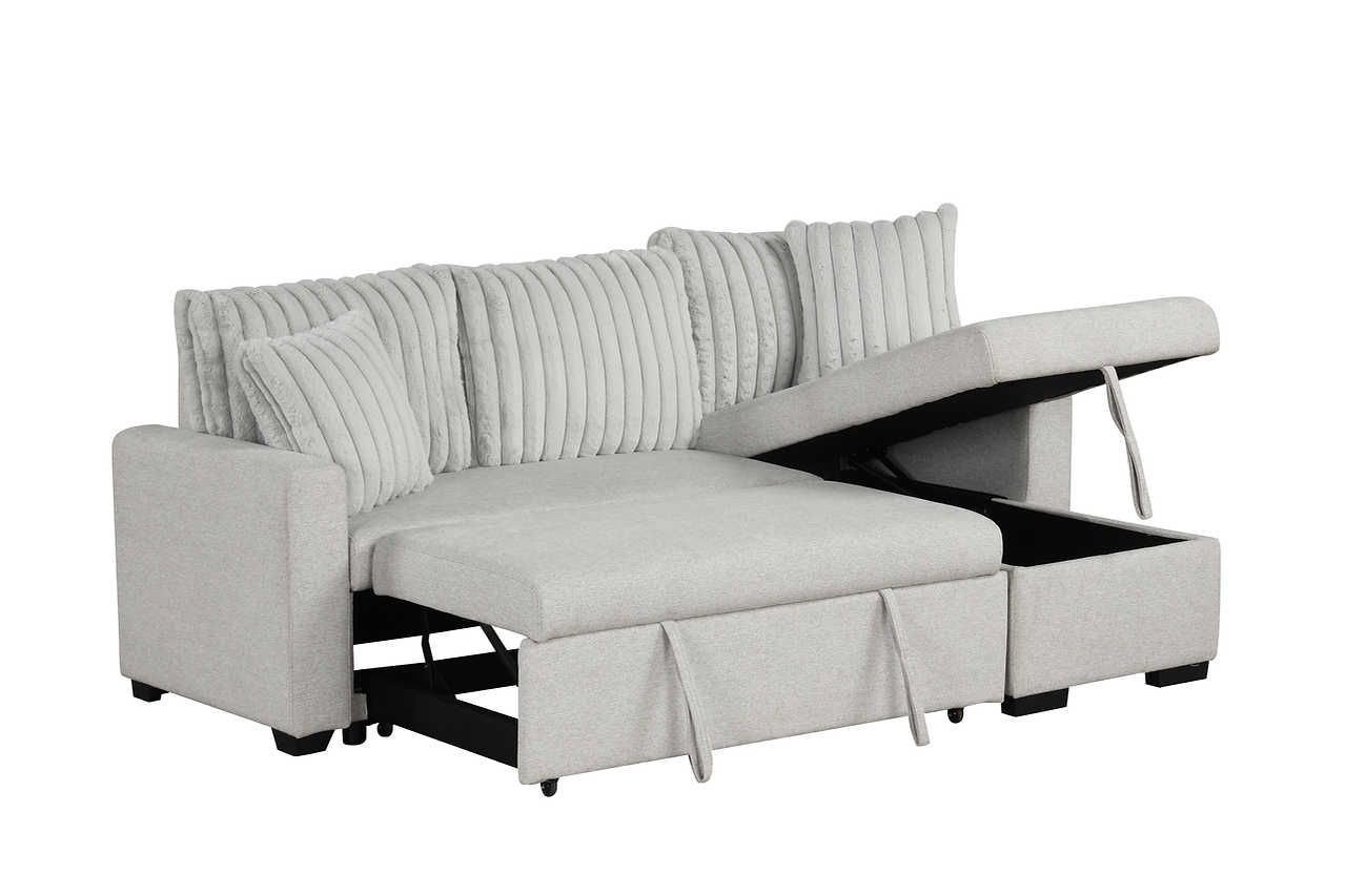 side view of Nori gray upholstered sectional sofa with storage chaise