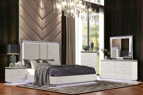 LLana white upholstered LED bedroom set bed front view