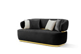 Side angle of Eden loveseat showing velvet and metal
