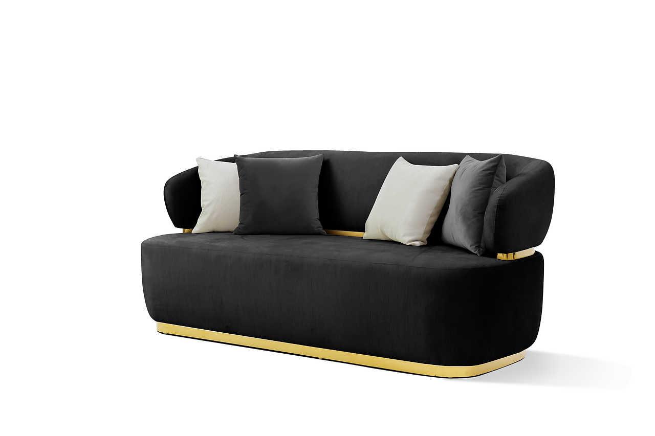 Side angle of Eden loveseat showing velvet and metal