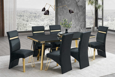 Main view of Midnight Black and Gold Upholstered Dining Set showing table and six chairs