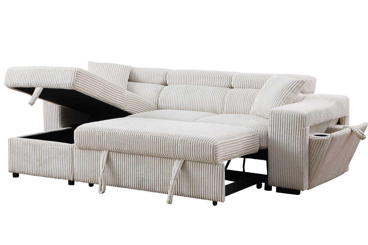 Close-up detail of fabric and console on Bonaterra Beige Sectional