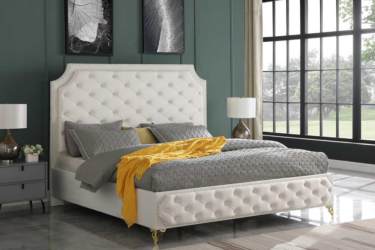 Leilah cream velvet tufted platform queen bed, headboard close-up