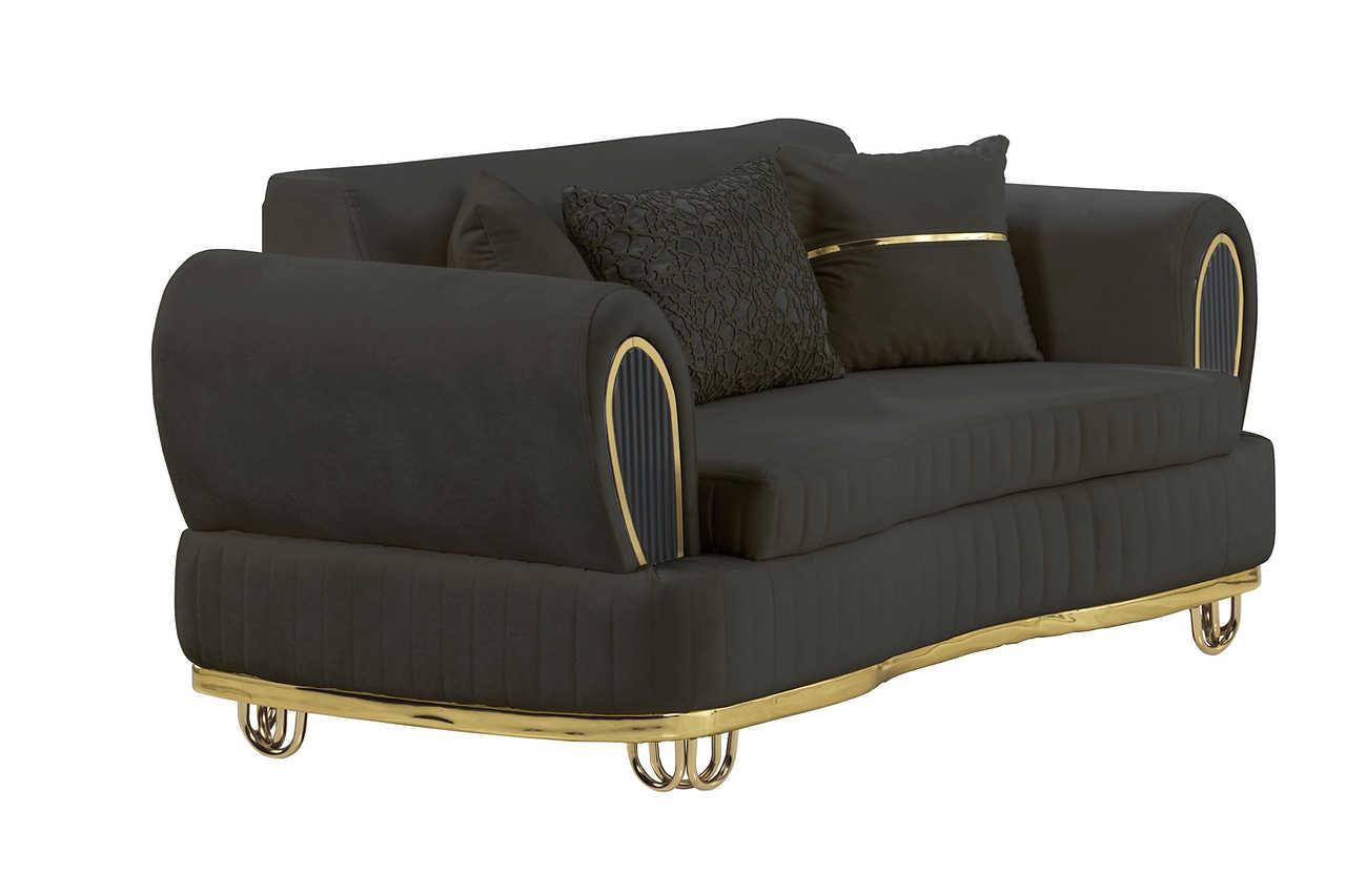 Angled view of Kelebek grey velvet chair with modern gold legs