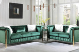 Fara sofa in emerald green velvet with gold legs, front angle